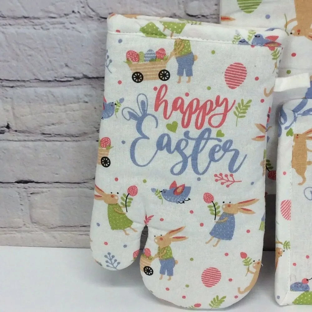 Happy Easter 3 Pc Kitchen Set Spring Pastel Blue Dish Towel/Pot Holder/Oven Mitt